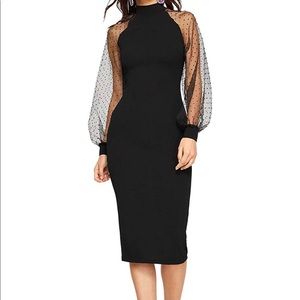 Mock Neck Long Mesh Sleeve  Sheath black Dress
